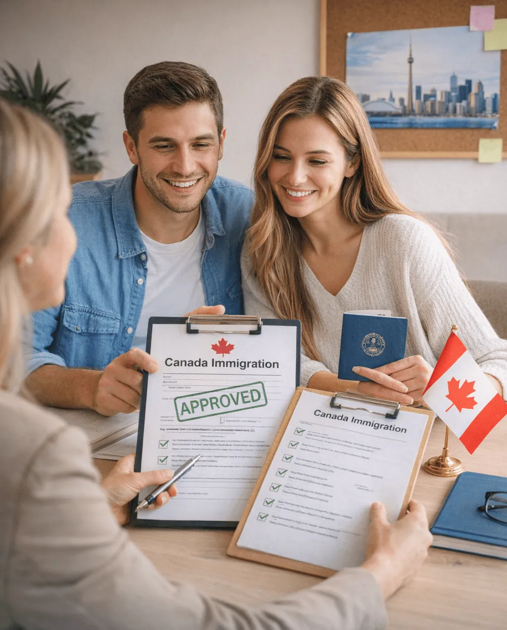 Applicants reviewing an approved Canada permanent residence application with their documents