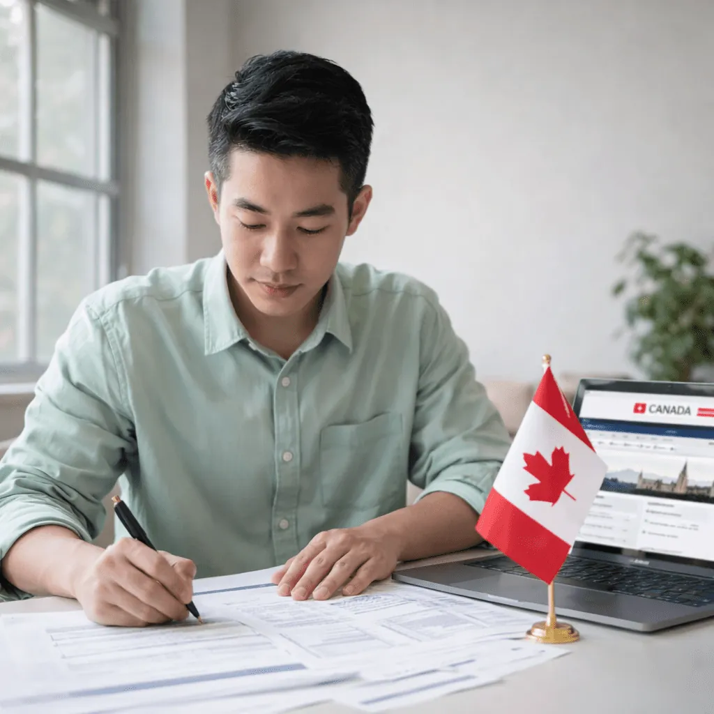 An applicant completing Canadian immigration paperwork at a desk