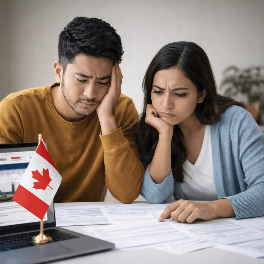 A worried couple reading immigration paperwork at a laptop beside a Canadian flag