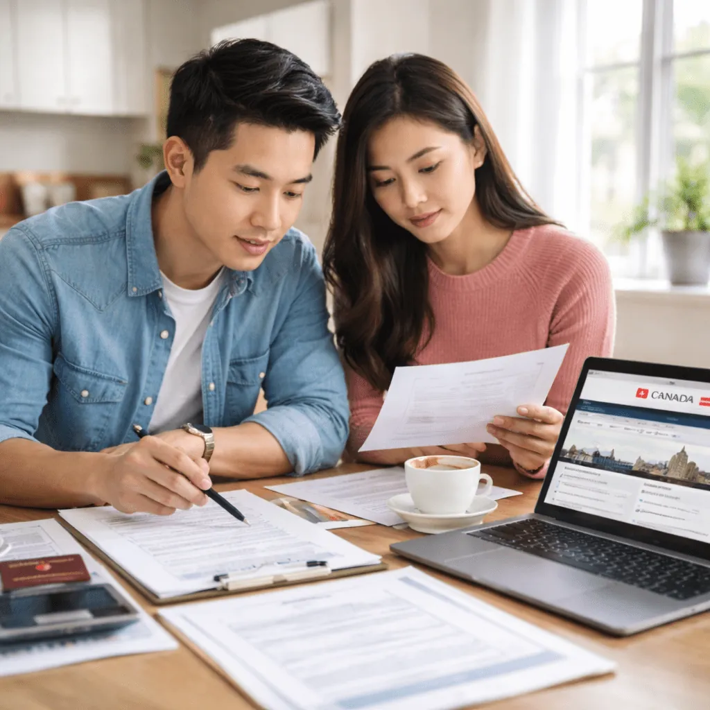 Two applicants checking documents against a Canadian immigration application