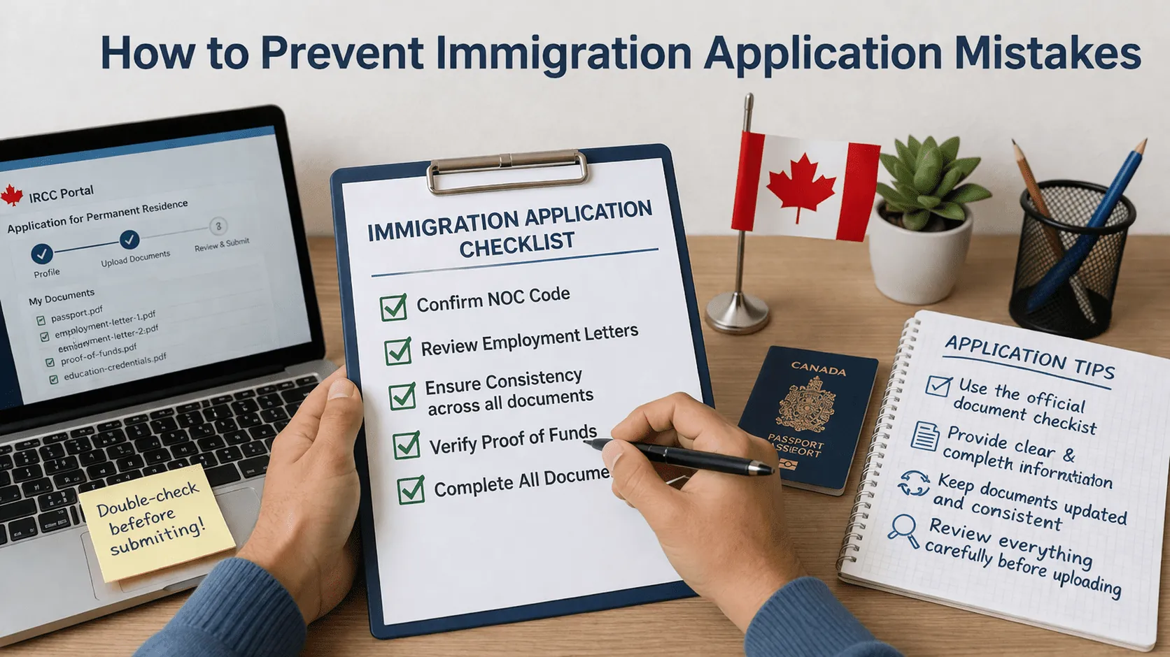 Hands ticking an immigration application checklist beside a laptop open on the IRCC portal