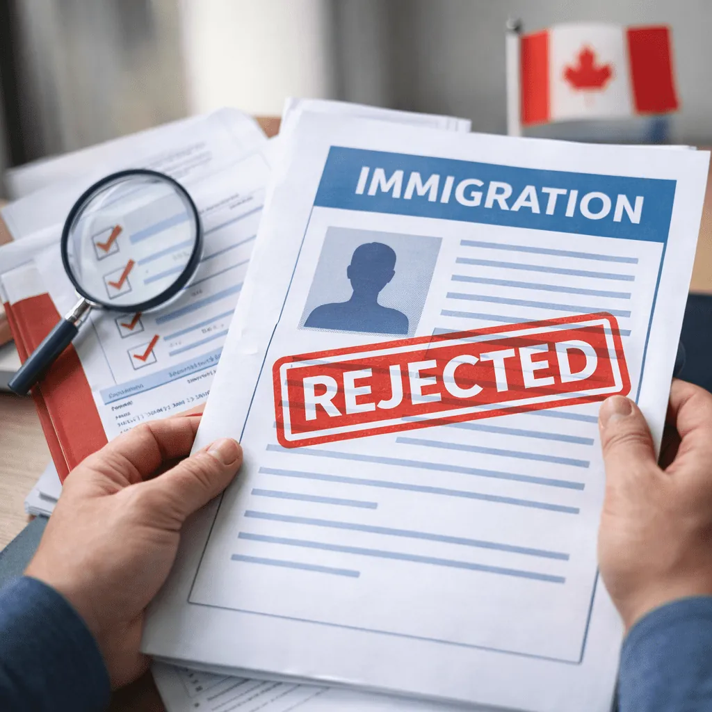 An immigration application stamped REJECTED, with a magnifying glass over a checklist