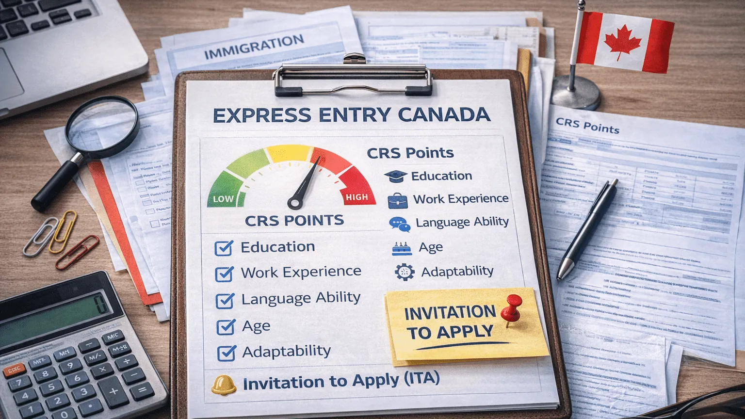 Express Entry clipboard listing the CRS factors (education, work experience, language ability, age, adaptability) beside an Invitation to Apply note