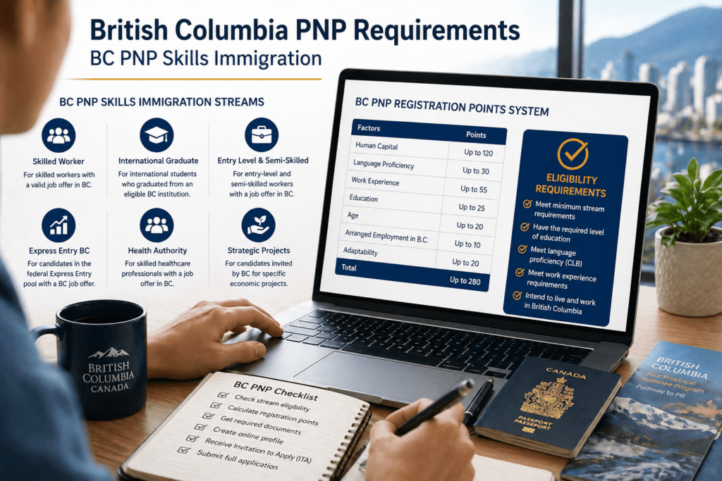 British Columbia PNP requirements showing BC PNP Skills Immigration streams and registration points system for permanent residence applicants