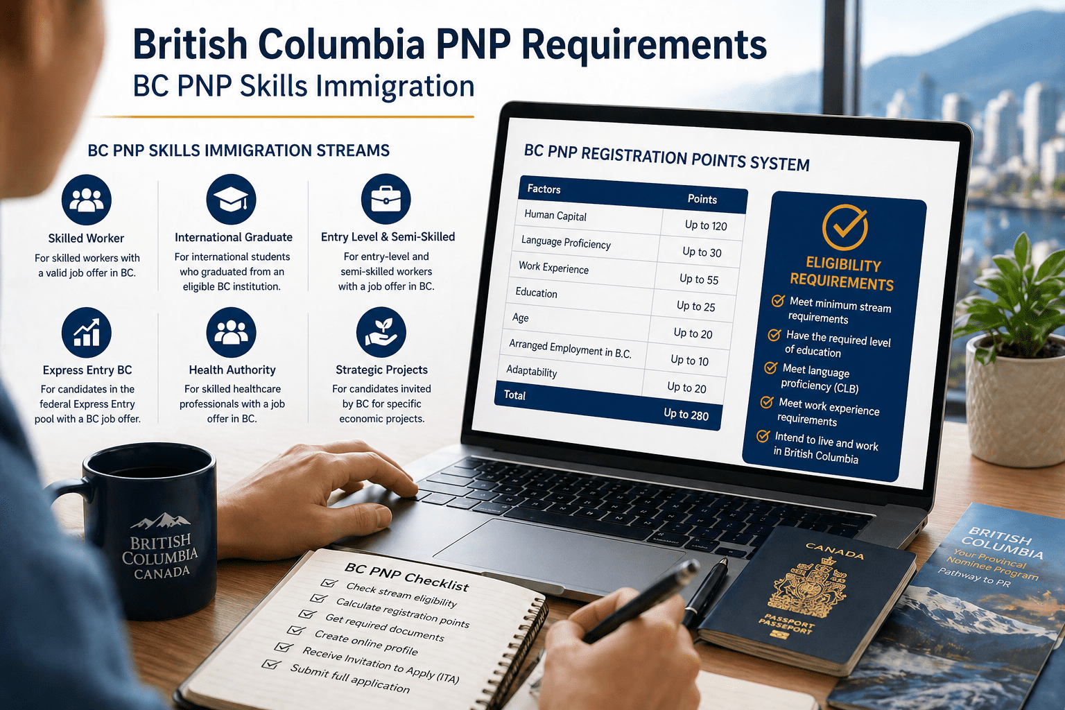 British Columbia PNP requirements showing BC PNP Skills Immigration streams and registration points system for permanent residence applicants