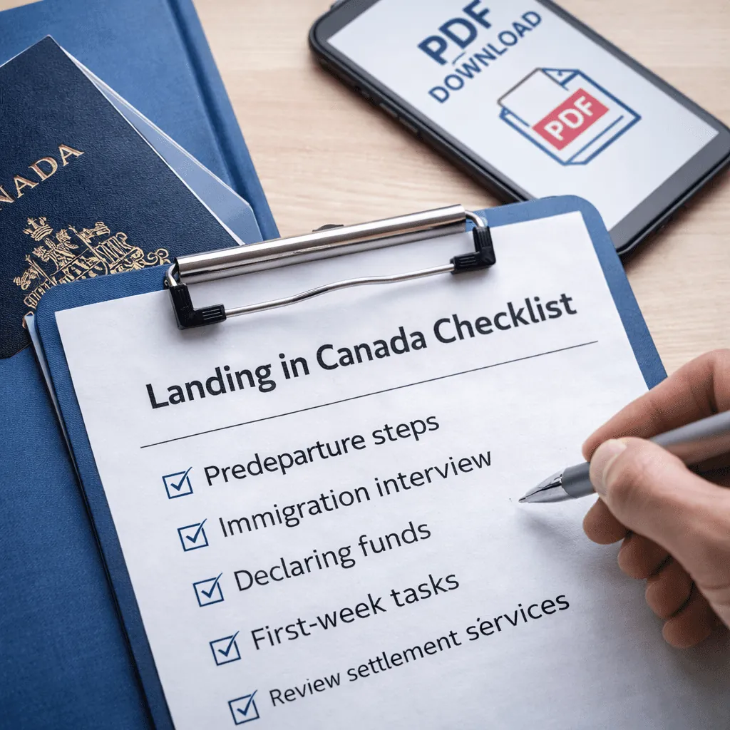 A printed Landing in Canada Checklist beside a passport and a phone showing the PDF download