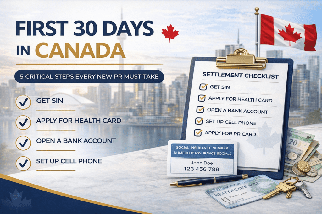 First 30 days in Canada settlement checklist for new permanent residents covering SIN registration health card and PR card setup