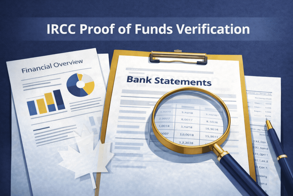 IRCC proof of funds requirements verification process showing officer reviewing bank statements for Canadian immigration application