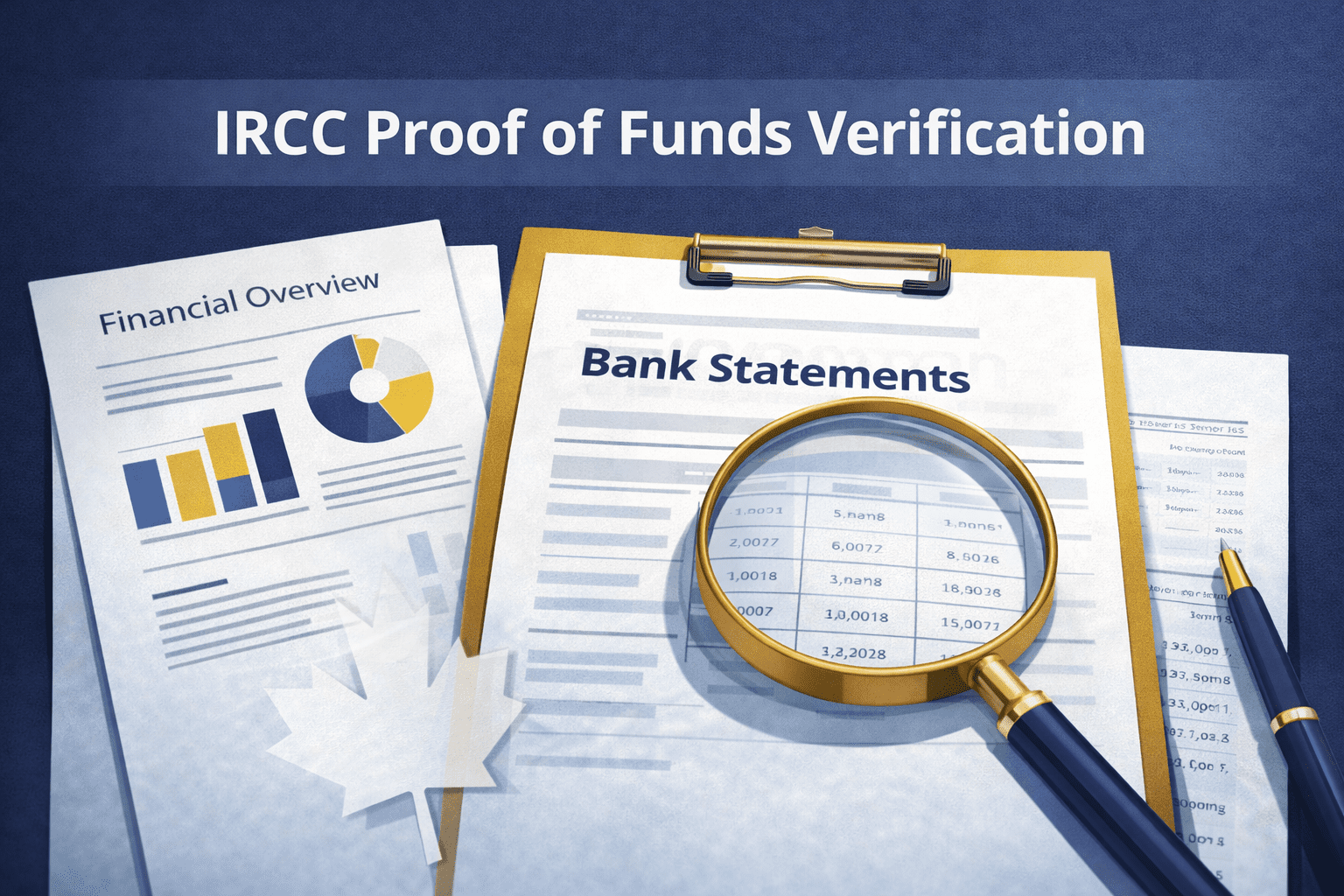 IRCC proof of funds requirements verification process showing officer reviewing bank statements for Canadian immigration application