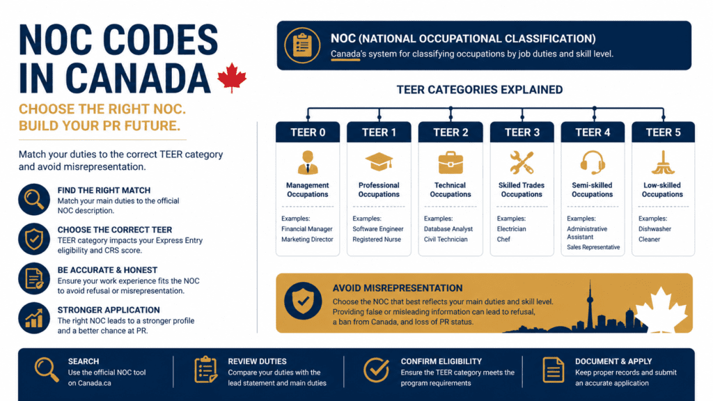 NOC code Canada selection guide showing TEER categories and occupation matching steps for Express Entry permanent residence applicants