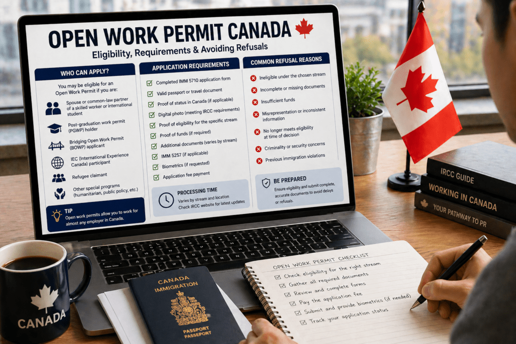 Open work permit Canada eligibility streams showing PGWP spousal and bridging permit types for foreign workers in Canada