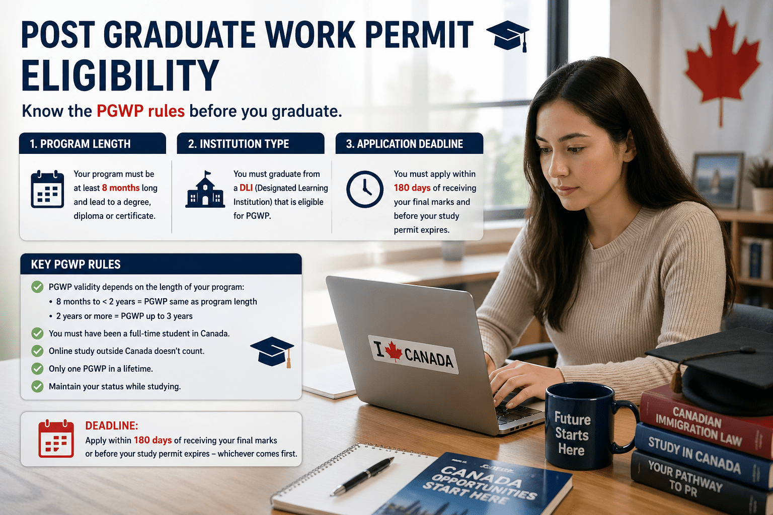 Post graduate work permit PGWP eligibility showing program length requirements and application deadline for international graduates in Canada