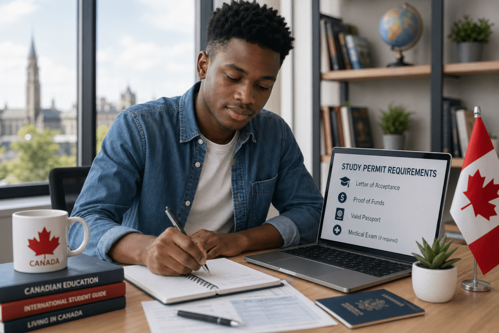 Study permit Canada requirements showing designated learning institution enrollment proof and financial documents for international student application