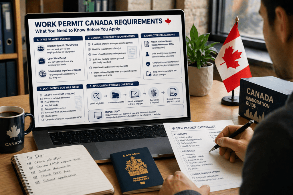 Work permit Canada requirements showing open and employer specific permit types and eligibility criteria for foreign workers