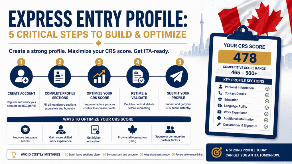 Express entry profile creation steps showing CRS score optimization and profile sections for Canadian permanent residence application