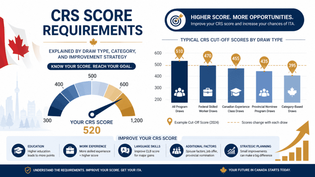 CRS score requirements chart showing Express Entry draw cutoffs by category and score improvement strategies for permanent residence applicants