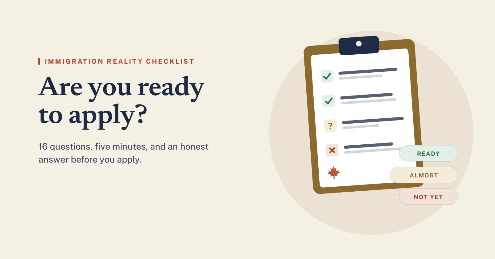 Illustration of a clipboard checklist with ticks, a question mark and a cross beside three result labels: ready, almost ready and not yet
