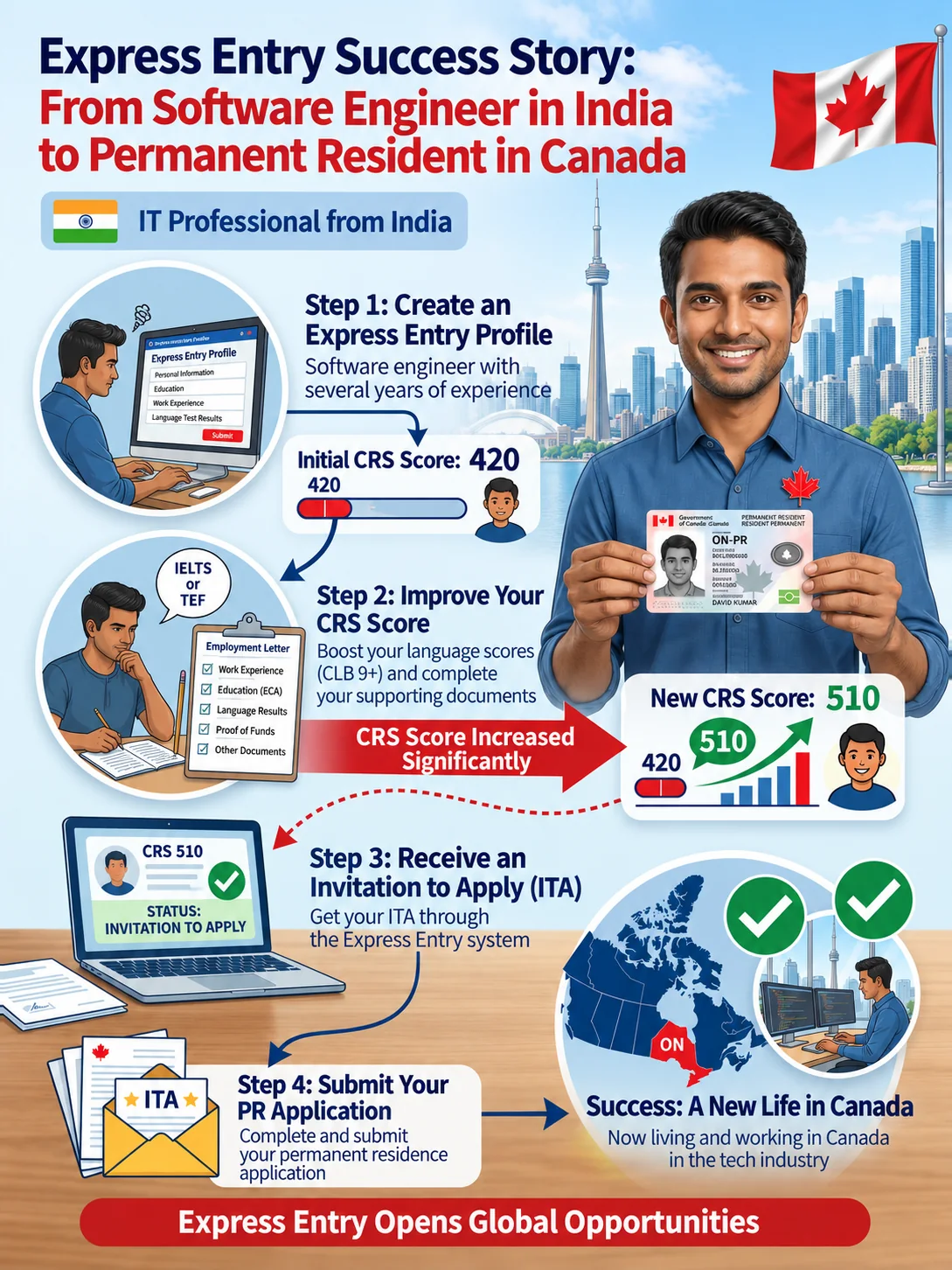 Illustrated four-step Express Entry pathway: create a profile, improve the CRS score, receive an invitation to apply, submit the permanent residence application