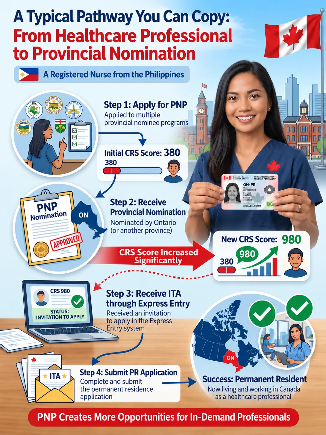 Illustrated four-step Provincial Nominee Program pathway: apply to a province, receive a nomination, receive an invitation to apply through Express Entry, submit the permanent residence application