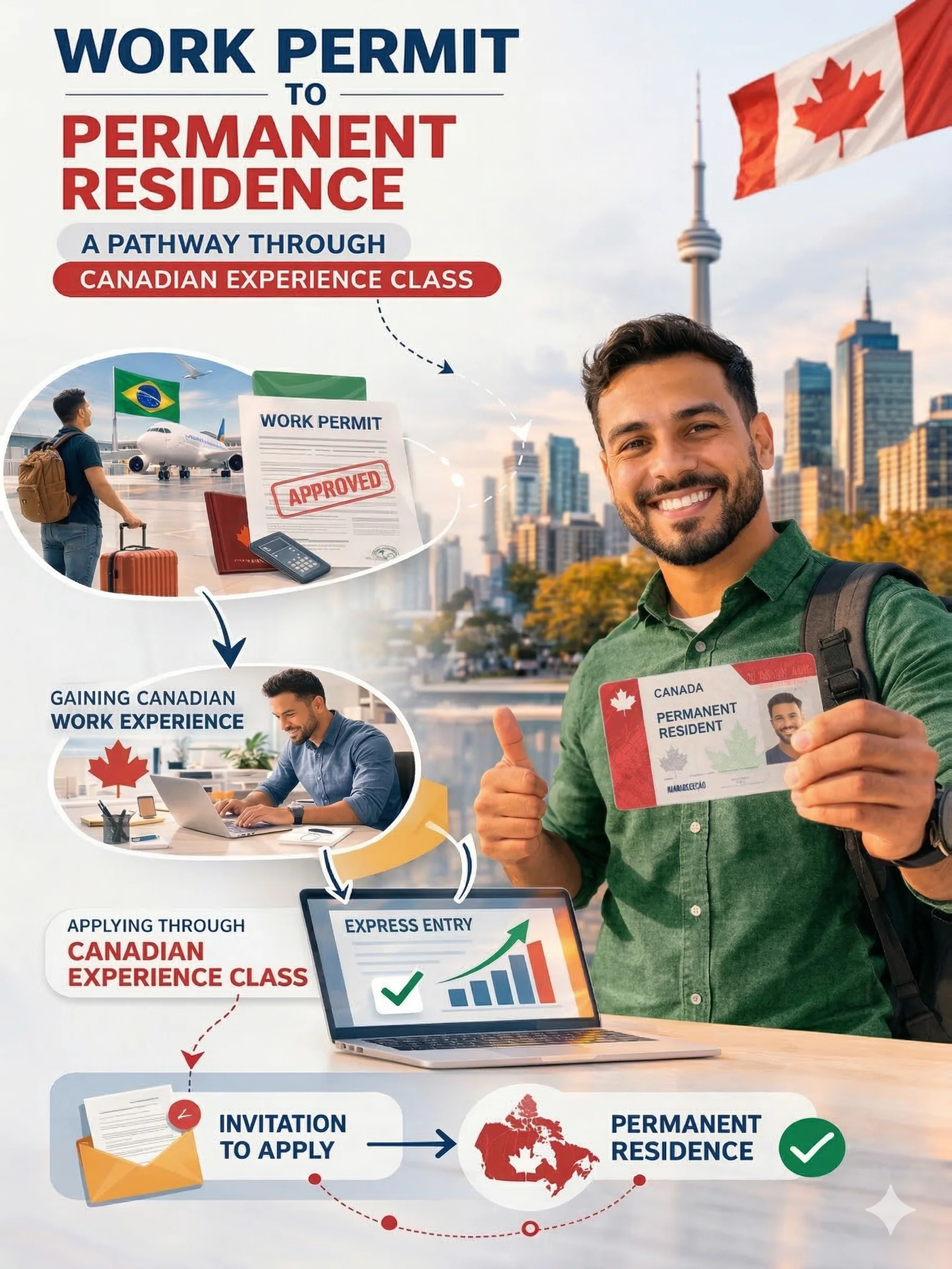 Illustrated work permit to permanent residence pathway for an applicant gaining Canadian work experience
